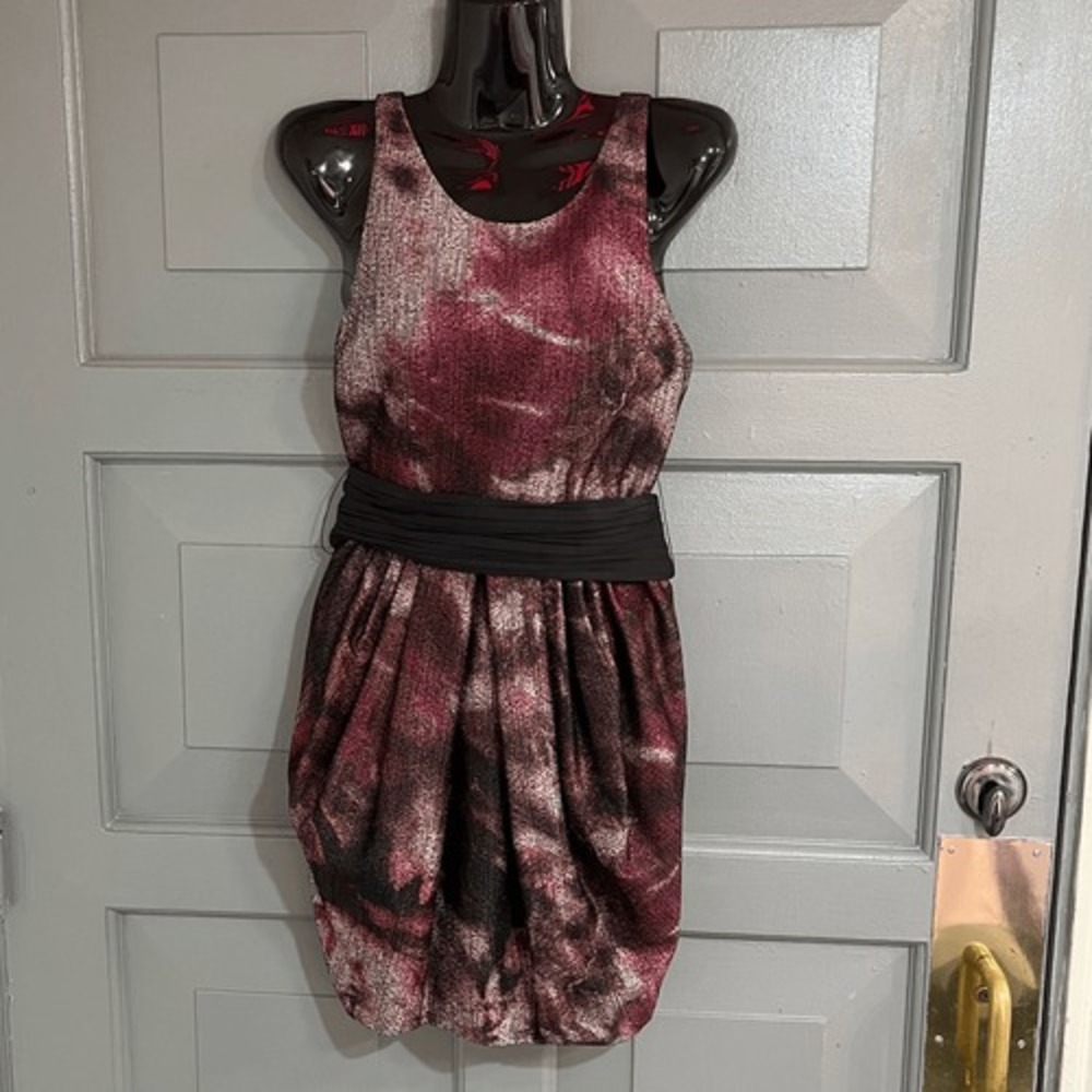 Alice &‎ Olivia Sleeveless Abstract Print Belted Bow iBack Bubble Hem Mini Dress